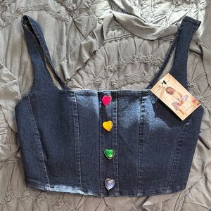 Denim Crop Top with Colorful Heart Buttons